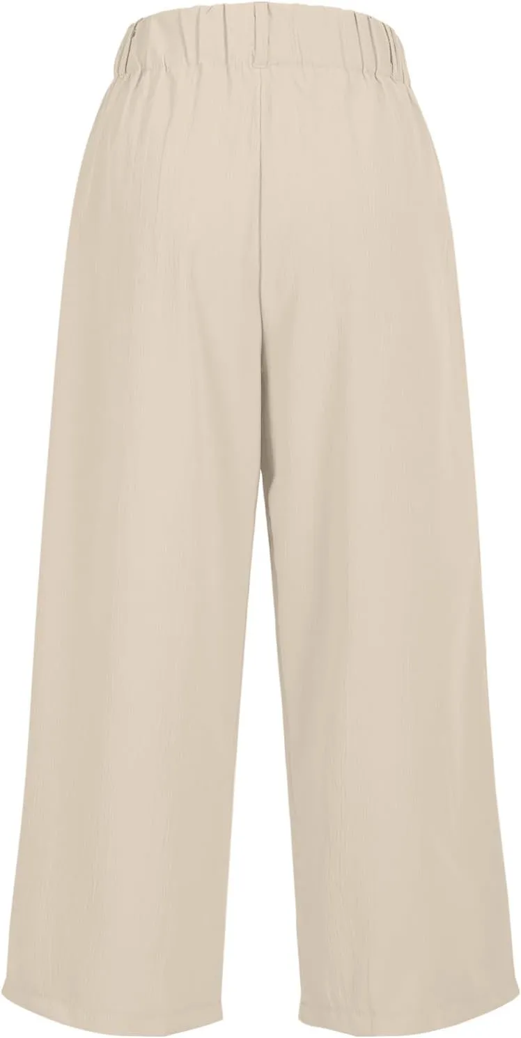 Summer Dressy Cropped Pants for Women High Waist Wide Leg Capris Loose Casual Work Pant Crop Trousers with Pocket