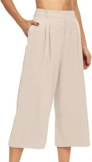 Summer Dressy Cropped Pants for Women High Waist Wide Leg Capris Loose Casual Work Pant Crop Trousers with Pocket