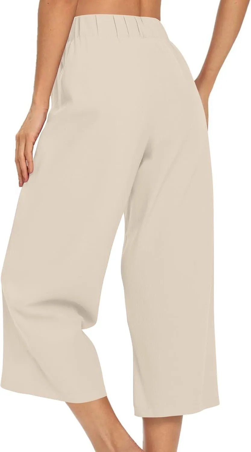 Summer Dressy Cropped Pants for Women High Waist Wide Leg Capris Loose Casual Work Pant Crop Trousers with Pocket
