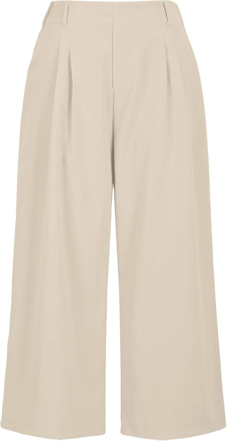 Summer Dressy Cropped Pants for Women High Waist Wide Leg Capris Loose Casual Work Pant Crop Trousers with Pocket