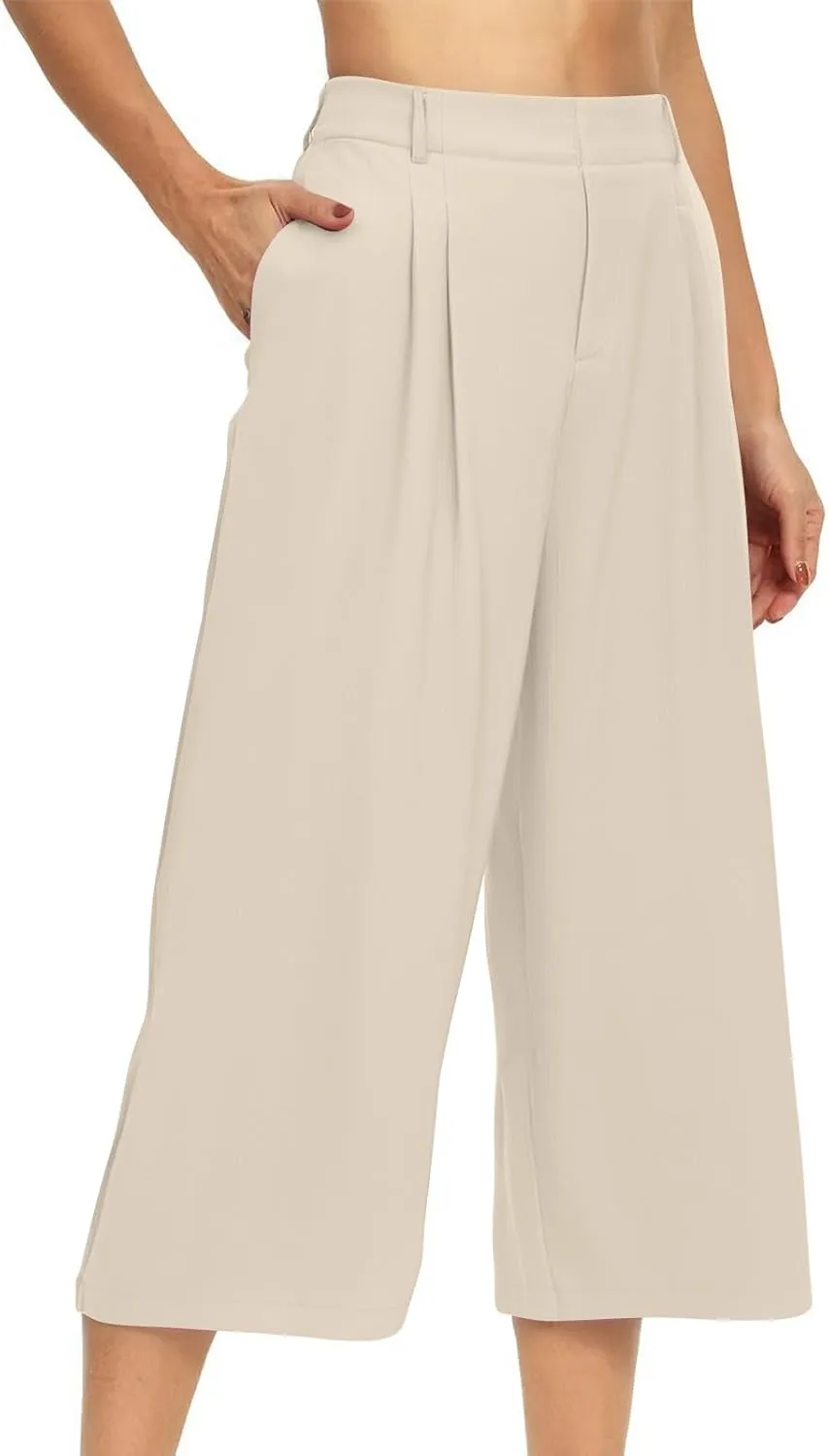 Summer Dressy Cropped Pants for Women High Waist Wide Leg Capris Loose Casual Work Pant Crop Trousers with Pocket