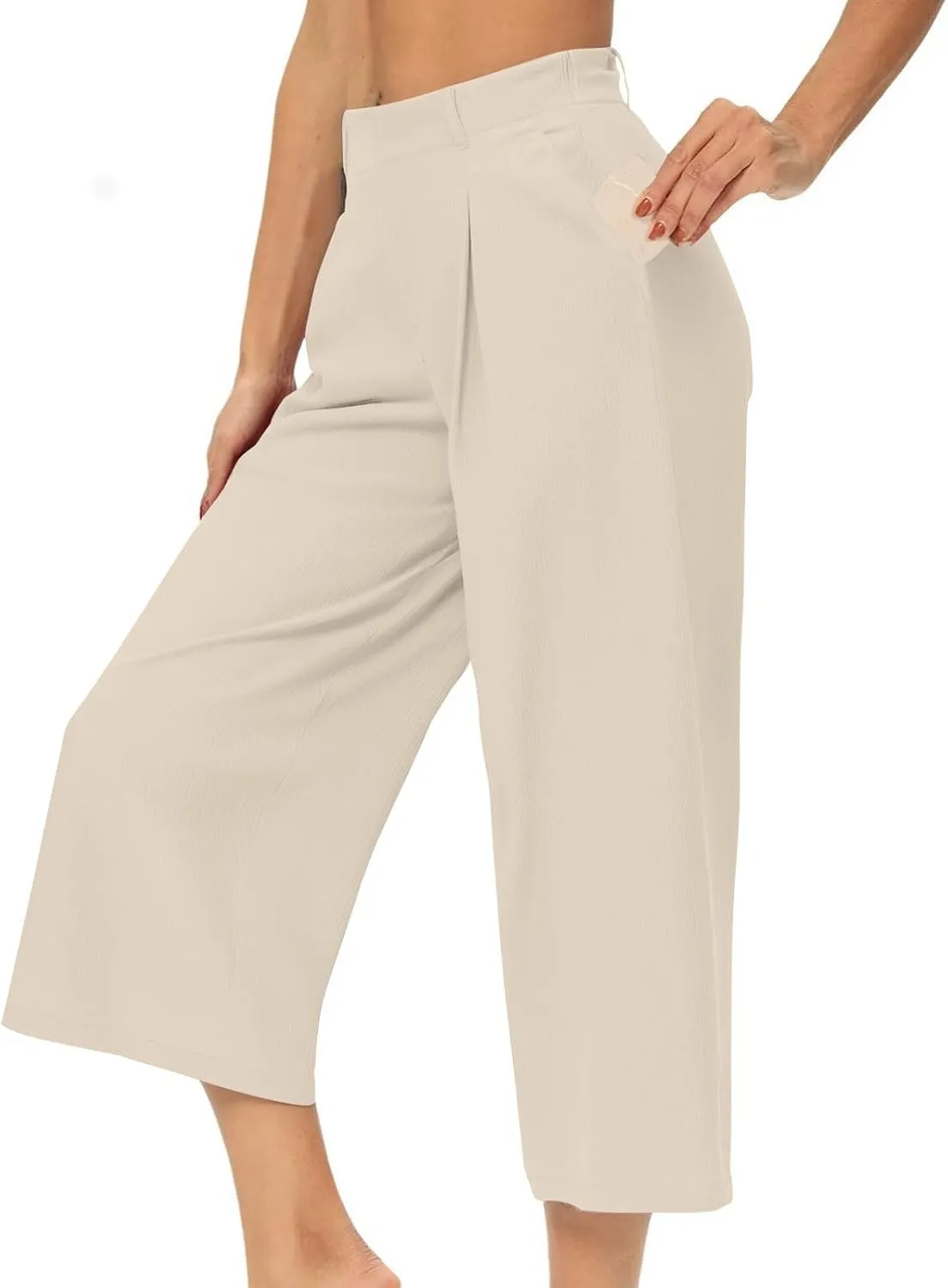Summer Dressy Cropped Pants for Women High Waist Wide Leg Capris Loose Casual Work Pant Crop Trousers with Pocket