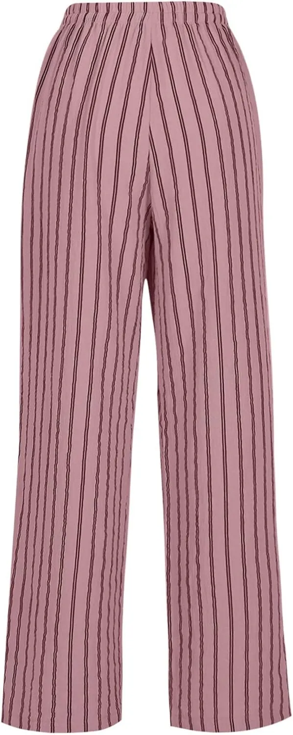 Summer Pants for Women 2024,Striped Wide Leg Loose Drawstring High Waist Palazzo Trousers Pants with Pockets