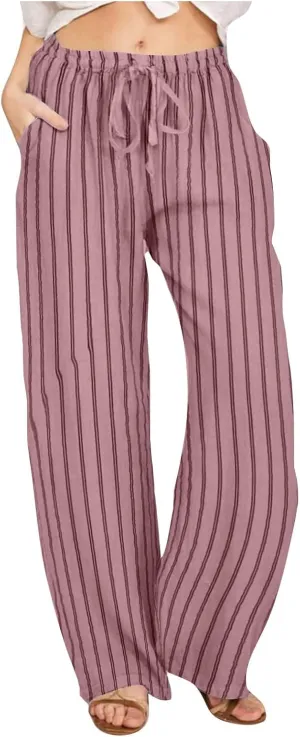 Summer Pants for Women 2024,Striped Wide Leg Loose Drawstring High Waist Palazzo Trousers Pants with Pockets