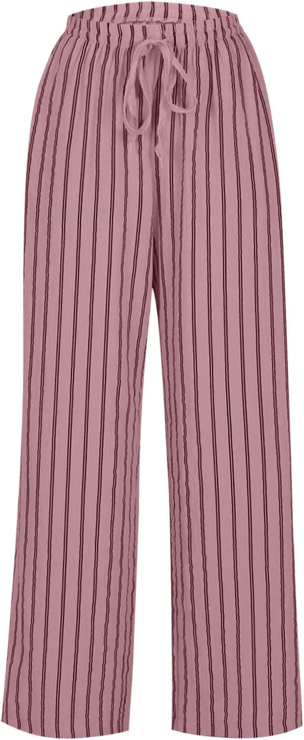 Summer Pants for Women 2024,Striped Wide Leg Loose Drawstring High Waist Palazzo Trousers Pants with Pockets