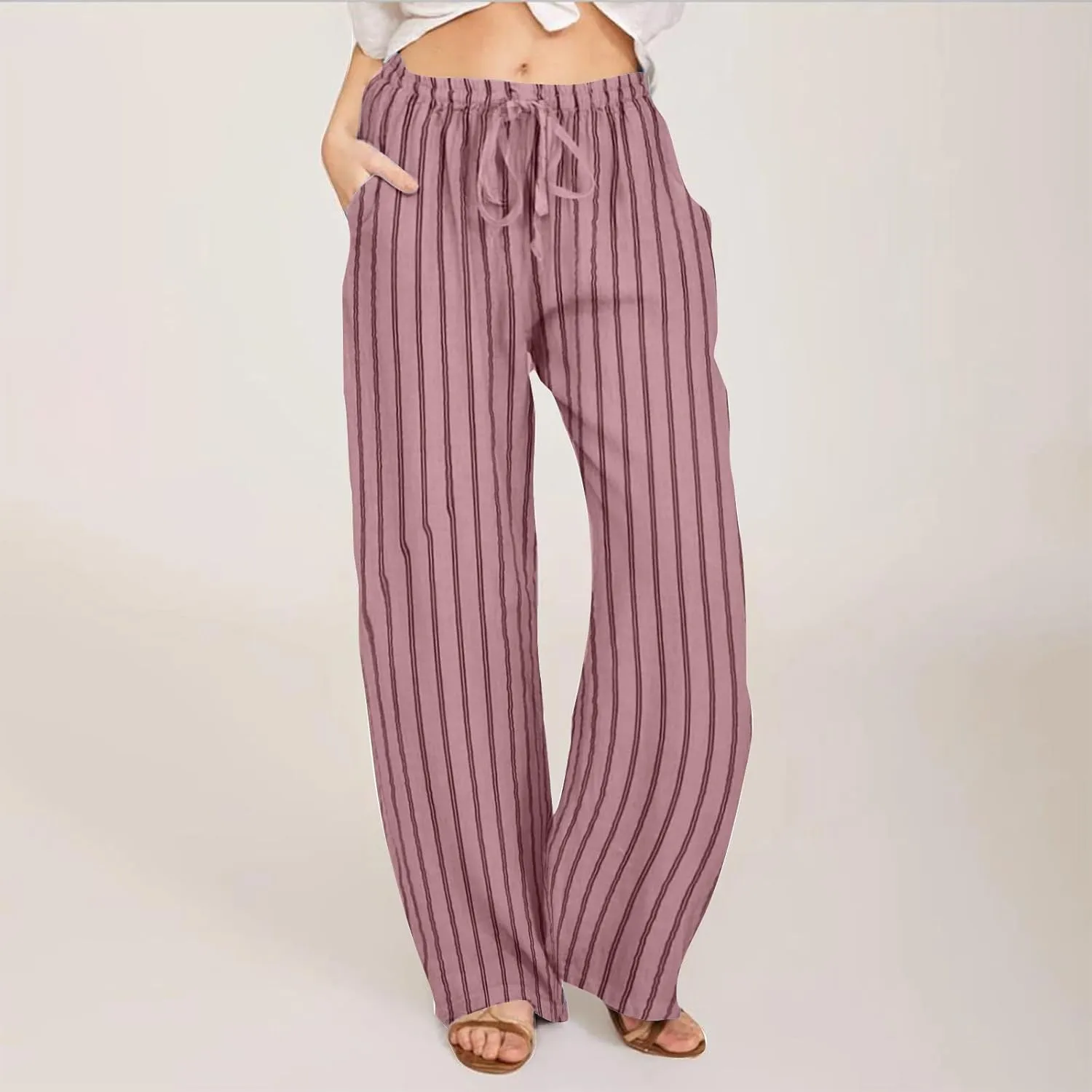Summer Pants for Women 2024,Striped Wide Leg Loose Drawstring High Waist Palazzo Trousers Pants with Pockets