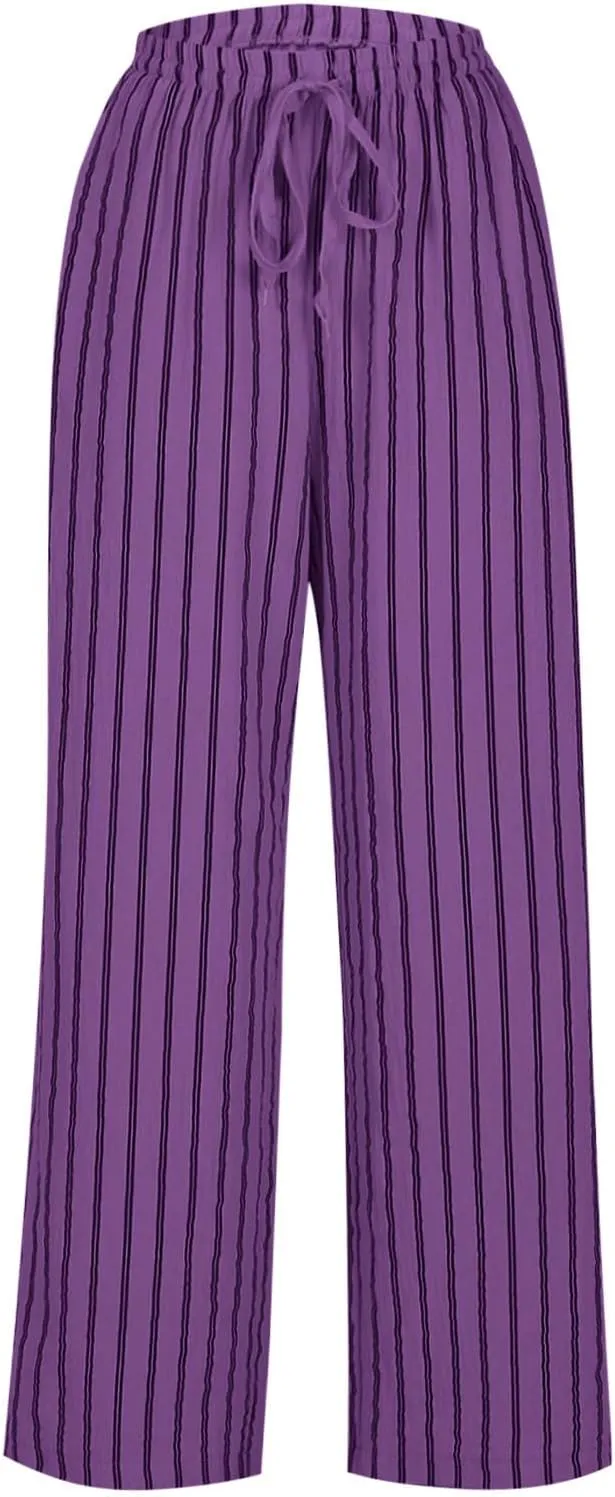 Summer Pants for Women 2024,Striped Wide Leg Loose Drawstring High Waist Palazzo Trousers Pants with Pockets