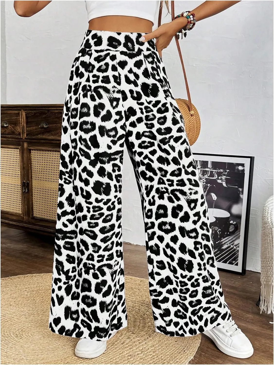 SweatyRocks Women's Leopard Print High Waisted Wide Leg Pants Casual Long Trousers
