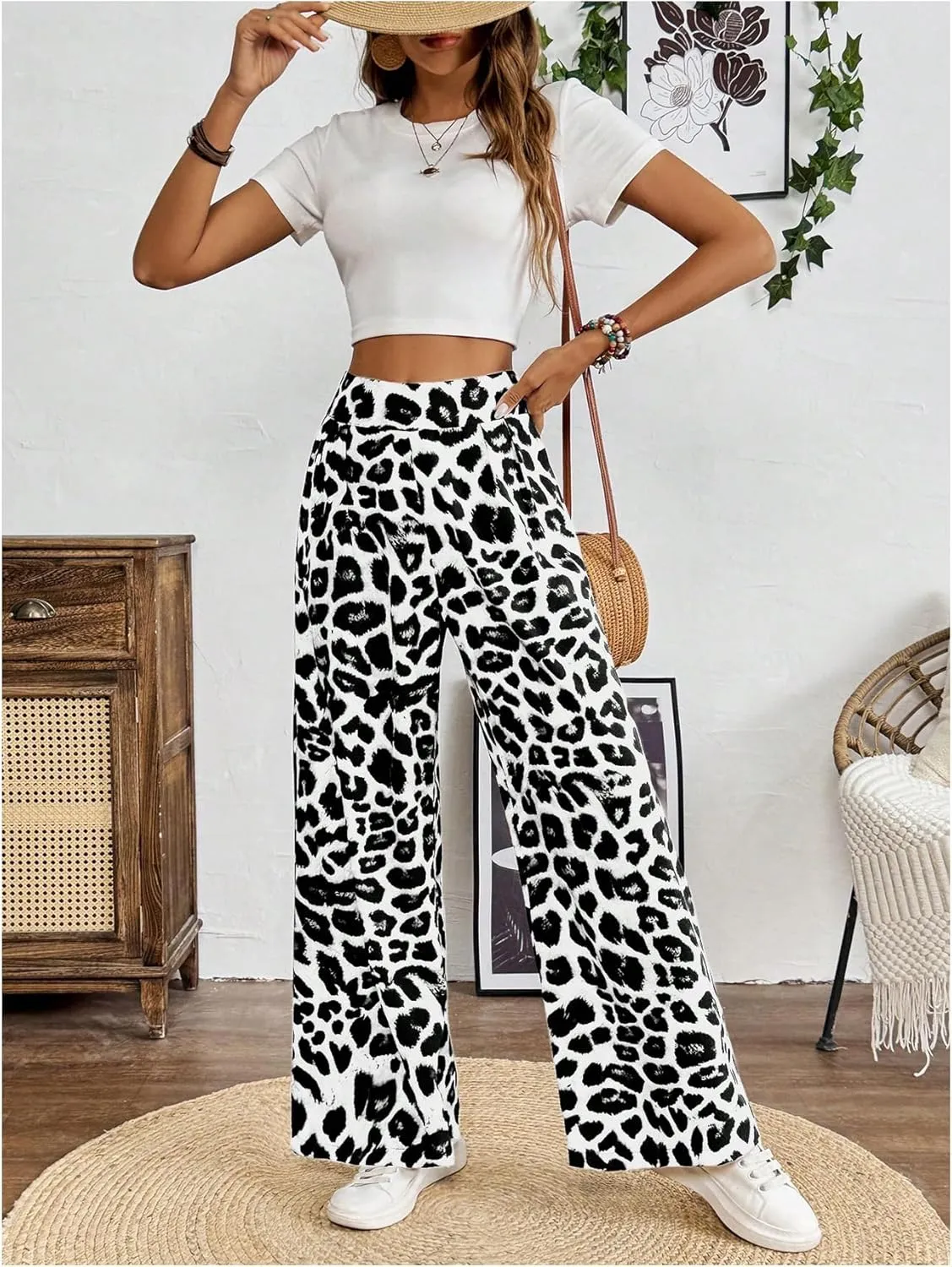 SweatyRocks Women's Leopard Print High Waisted Wide Leg Pants Casual Long Trousers