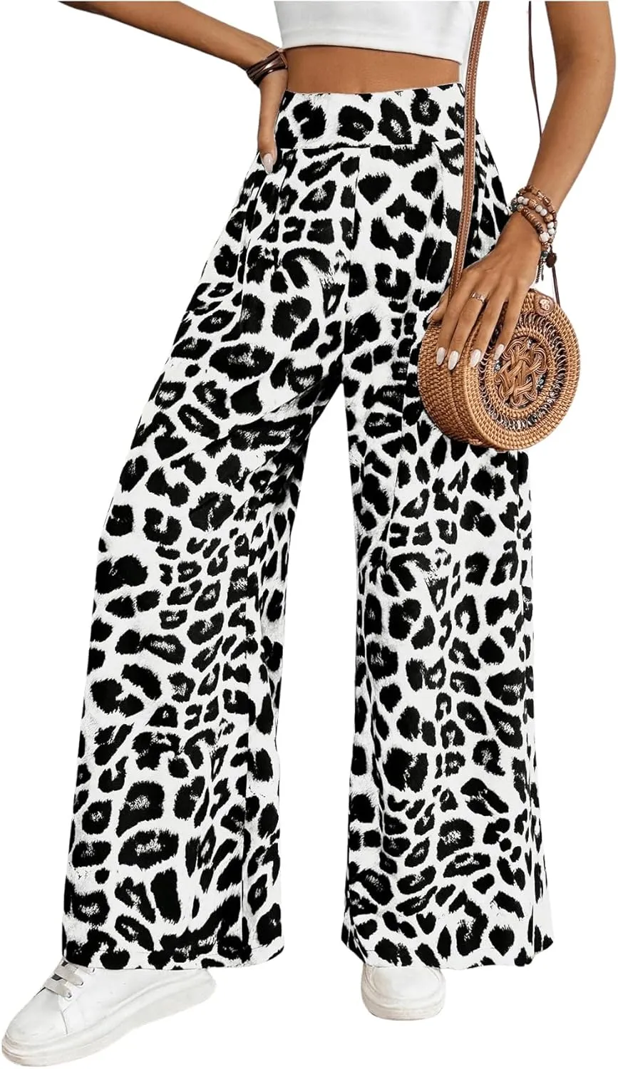 SweatyRocks Women's Leopard Print High Waisted Wide Leg Pants Casual Long Trousers