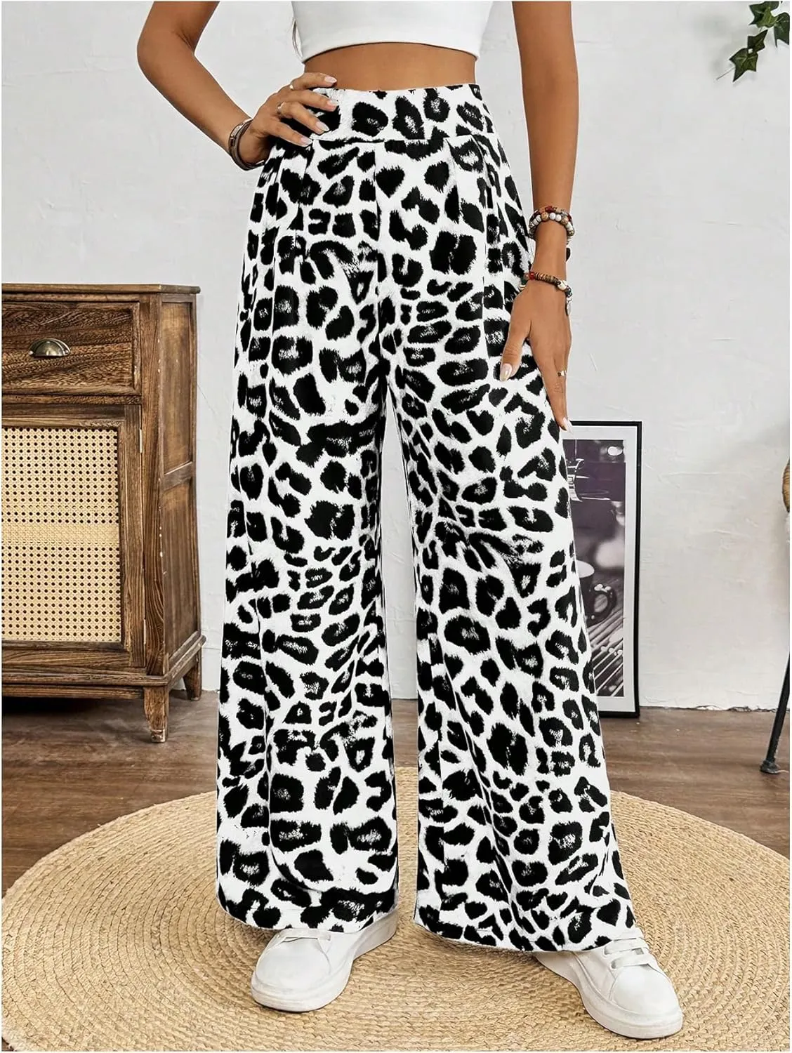 SweatyRocks Women's Leopard Print High Waisted Wide Leg Pants Casual Long Trousers