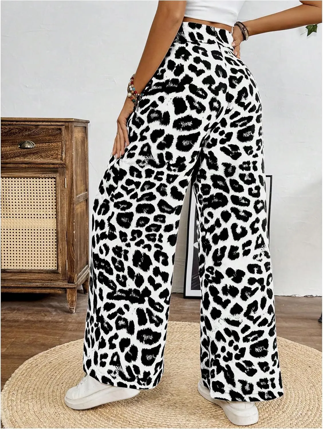 SweatyRocks Women's Leopard Print High Waisted Wide Leg Pants Casual Long Trousers