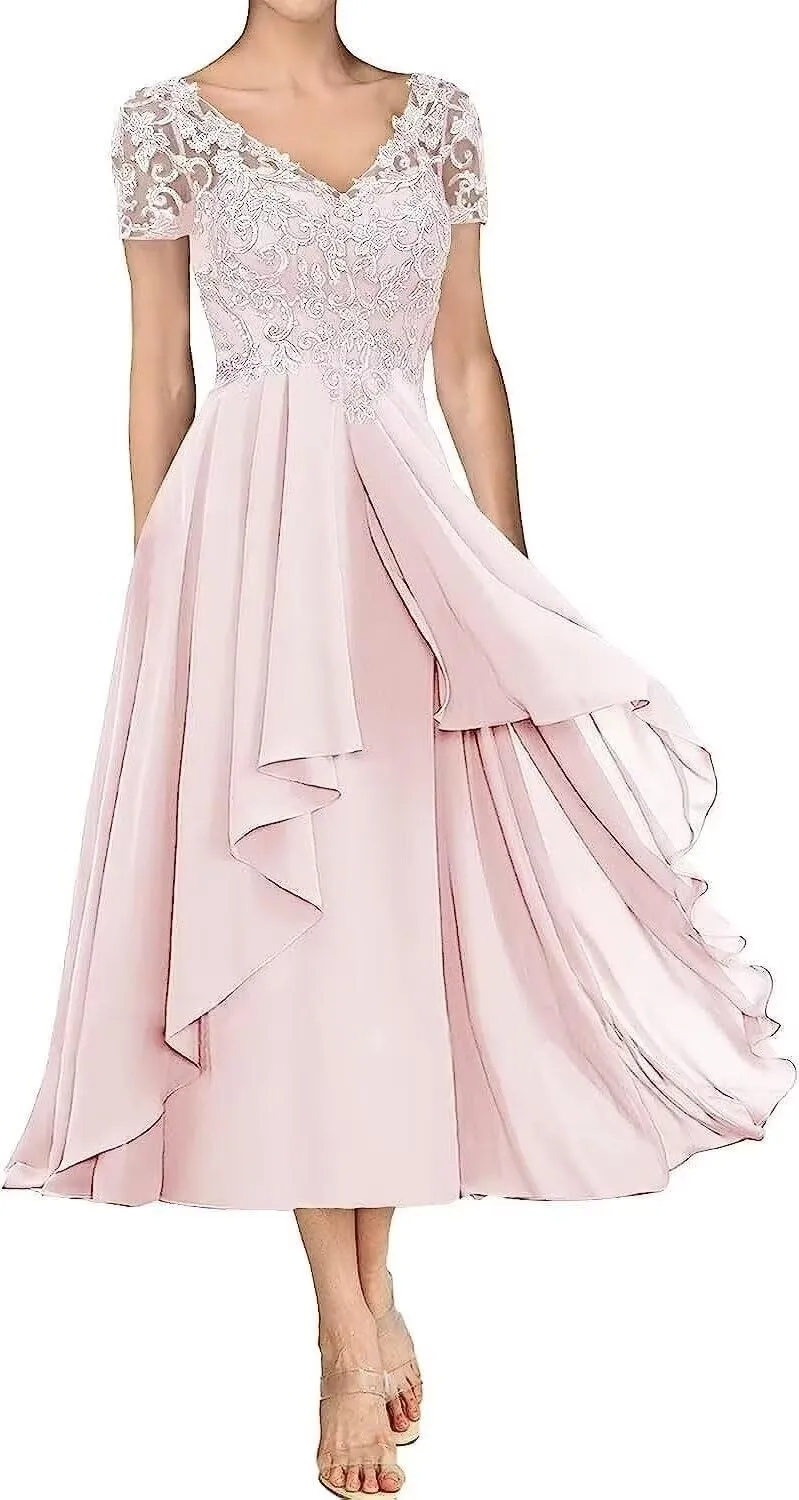Tea Length Mother of The Bride Dresses for Wedding Guests Ruffle Chiffon Lace Short Sleeves Formal Evening Gowns