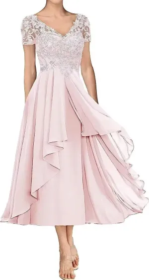 Tea Length Mother of The Bride Dresses for Wedding Guests Ruffle Chiffon Lace Short Sleeves Formal Evening Gowns