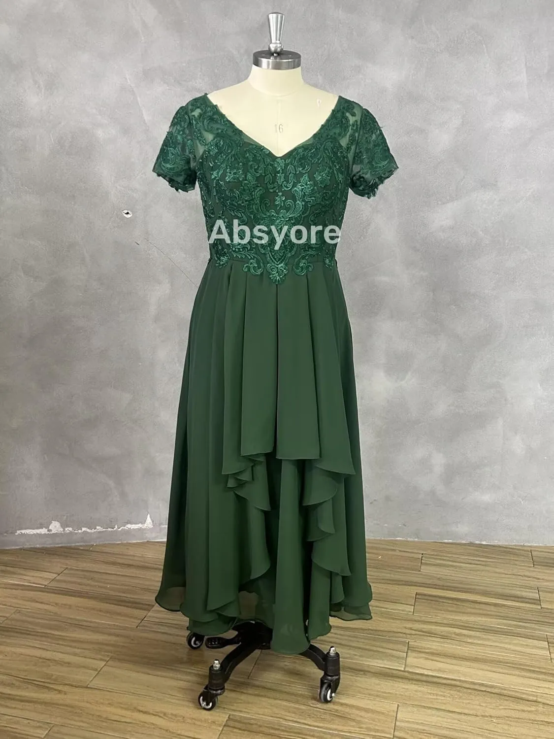 Tea Length Mother of The Bride Dresses for Wedding Guests Ruffle Chiffon Lace Short Sleeves Formal Evening Gowns