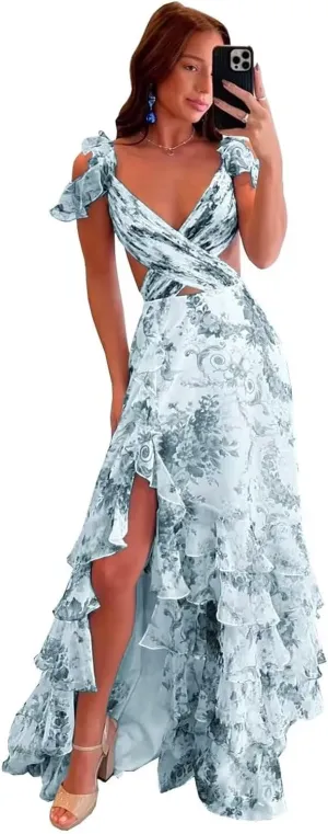 Tiered Ruffle Floral Prom Dresses 2025 Women's Long Ball Gown Backless Chiffon Formal Evening Party Dress with Slit