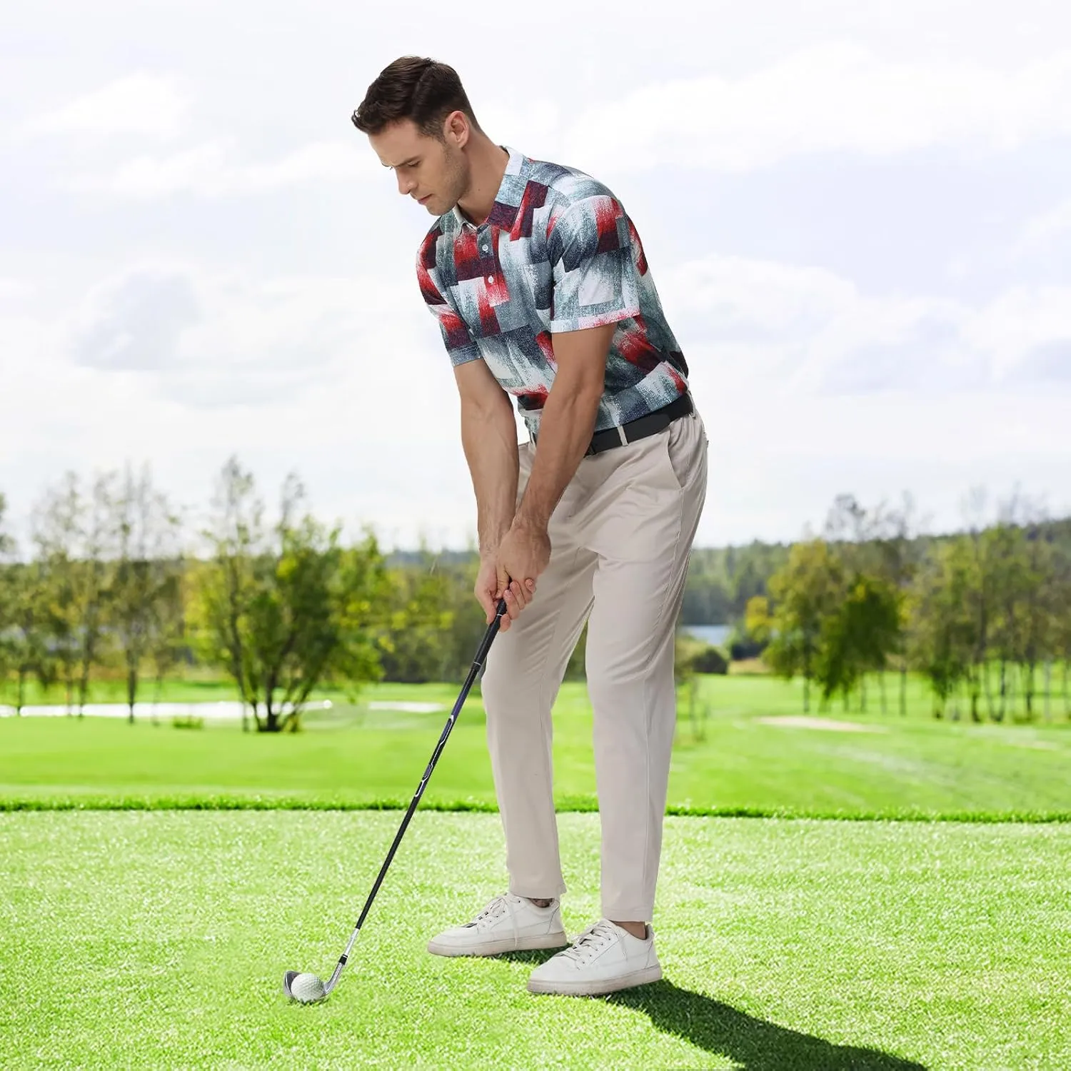 TIHEEN Mens Performance Moisture Wicking Golf Polo Shirt,Mens Business Casual Printed Short Sleeve Polo Shirts