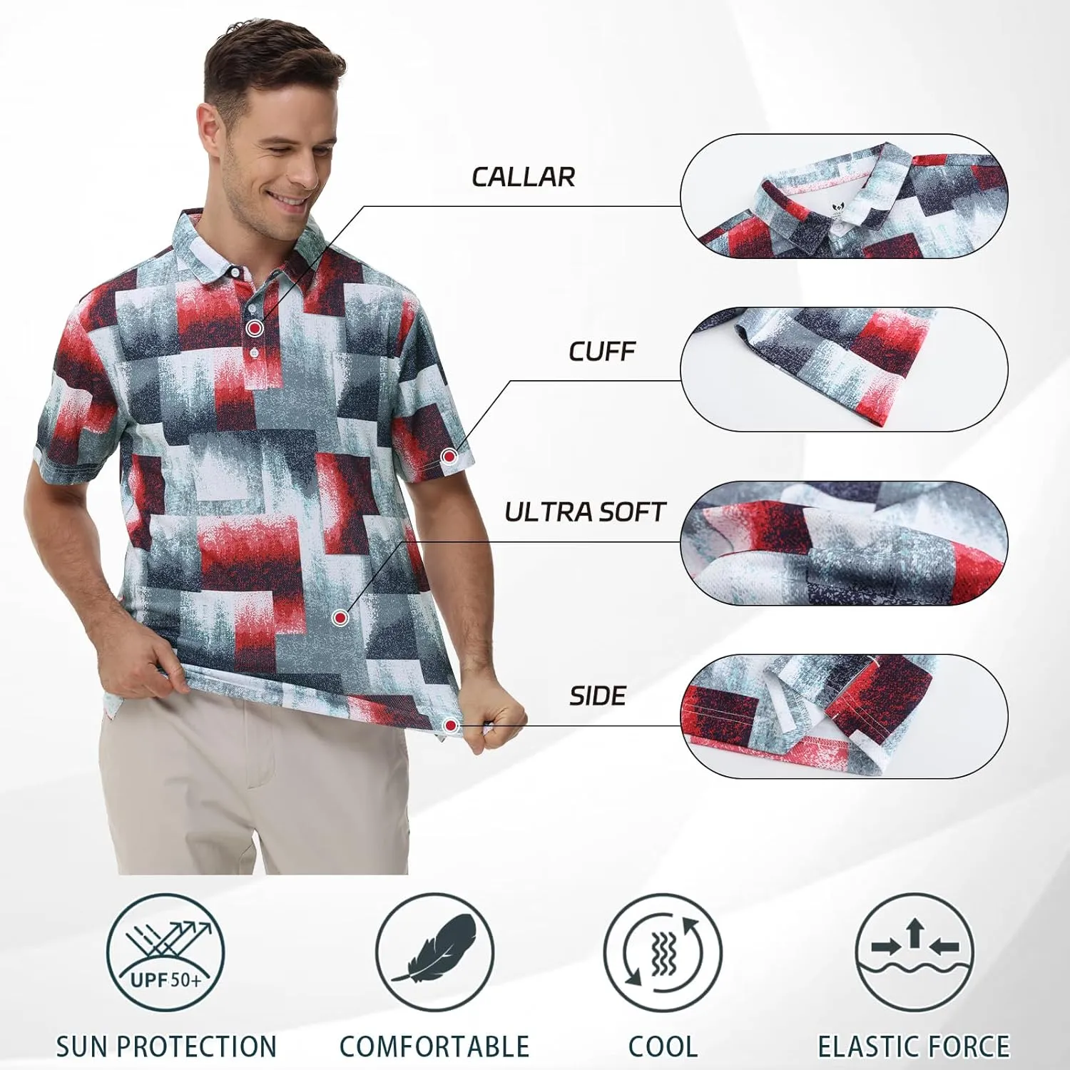 TIHEEN Mens Performance Moisture Wicking Golf Polo Shirt,Mens Business Casual Printed Short Sleeve Polo Shirts
