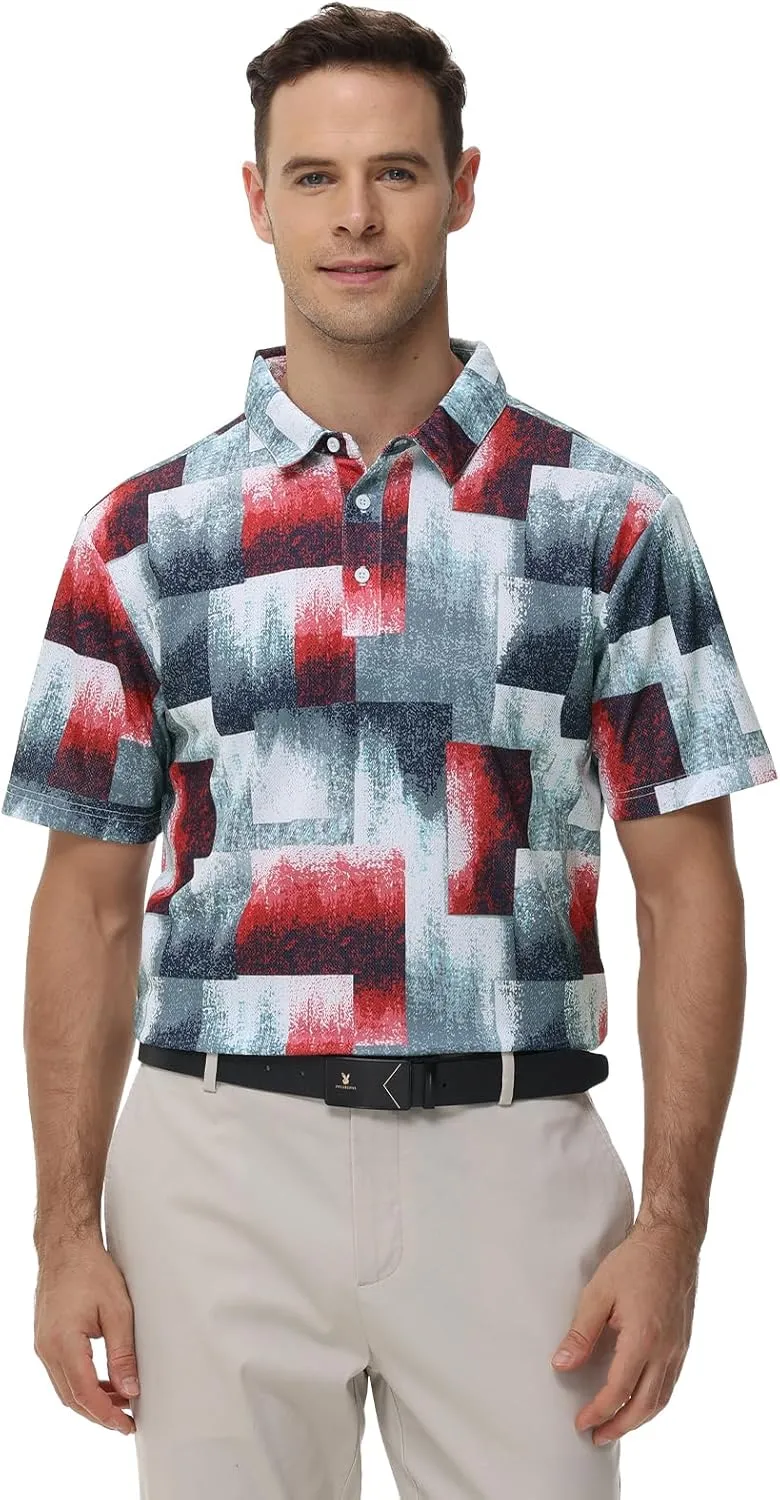 TIHEEN Mens Performance Moisture Wicking Golf Polo Shirt,Mens Business Casual Printed Short Sleeve Polo Shirts