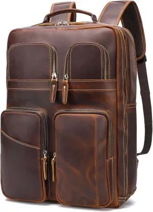 Vintage Full Grain Leather Backpack for Men, Multifunctional Pockets 17.3 Laptop Travel Daypack Shoulder Rucksack