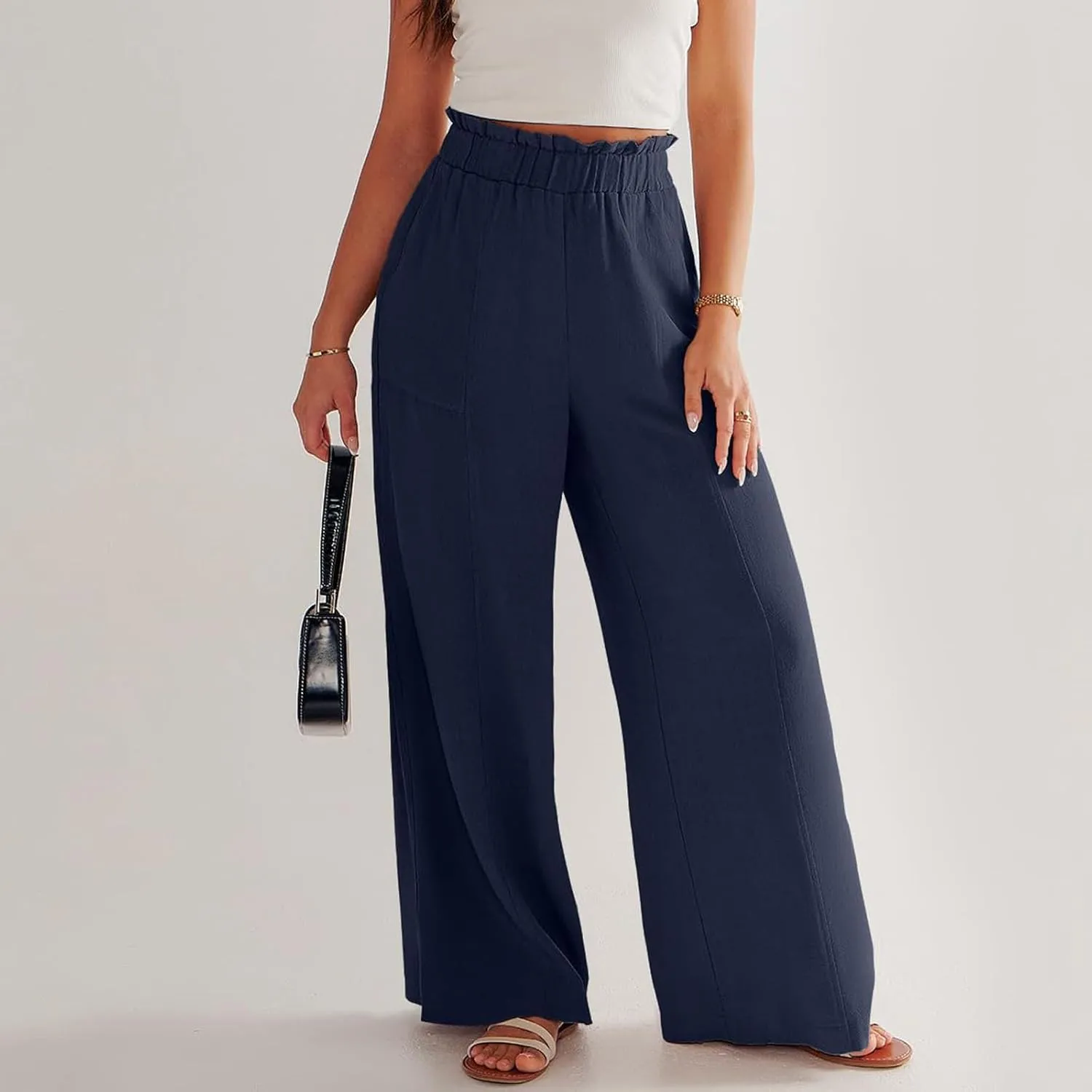 Wide Leg Dress Pants for Women Elastic Waist Loose Fit Work Pants Casual High Waisted Dressy Trousers with Pockets