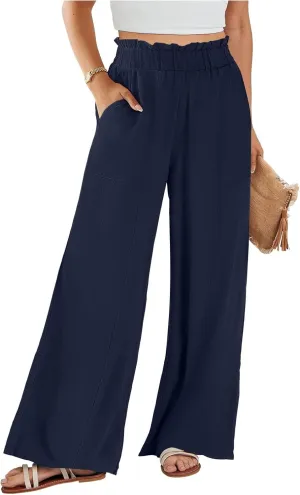 Wide Leg Dress Pants for Women Elastic Waist Loose Fit Work Pants Casual High Waisted Dressy Trousers with Pockets
