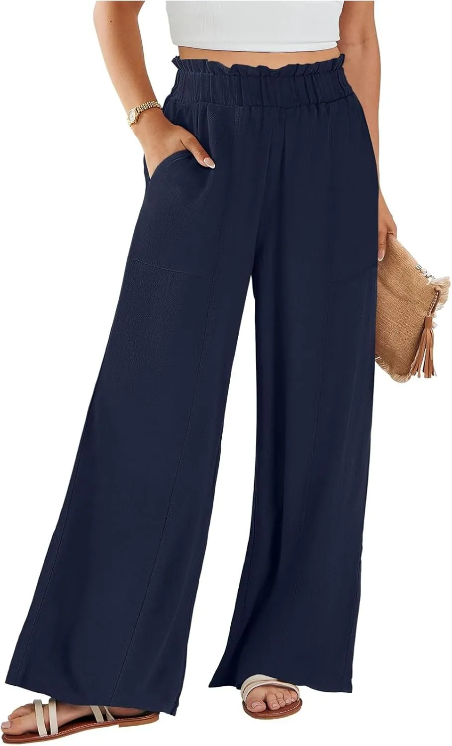 Wide Leg Dress Pants for Women Elastic Waist Loose Fit Work Pants Casual High Waisted Dressy Trousers with Pockets