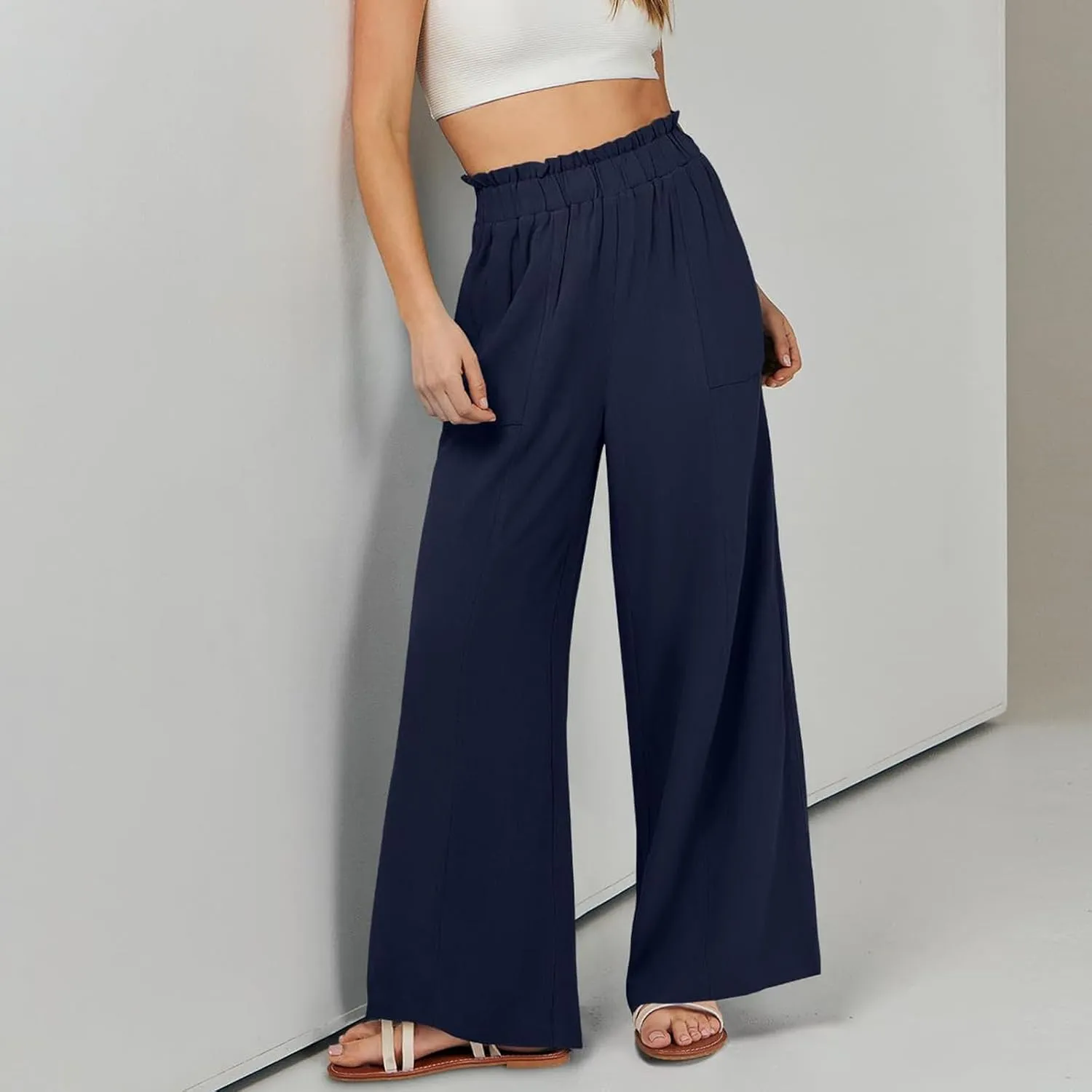 Wide Leg Dress Pants for Women Elastic Waist Loose Fit Work Pants Casual High Waisted Dressy Trousers with Pockets