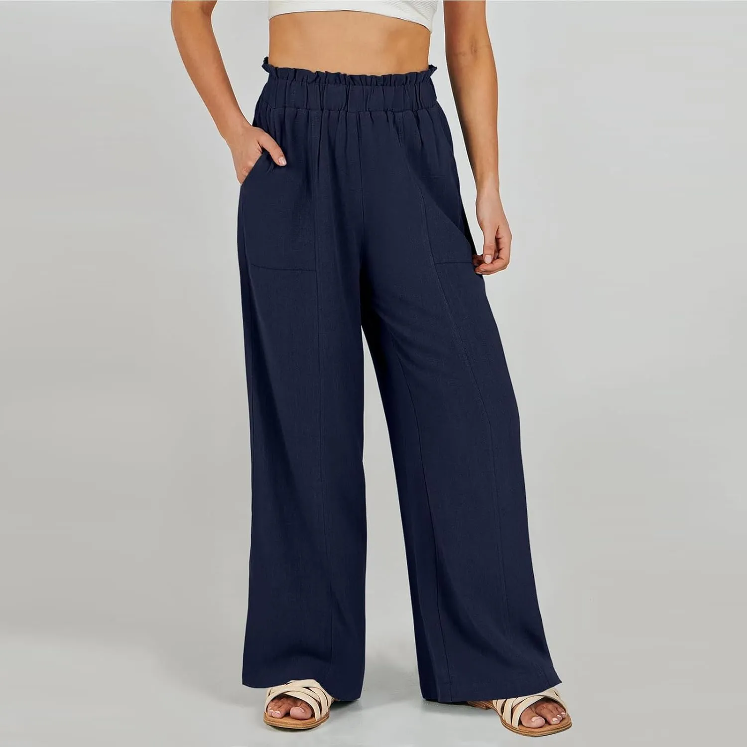 Wide Leg Dress Pants for Women Elastic Waist Loose Fit Work Pants Casual High Waisted Dressy Trousers with Pockets