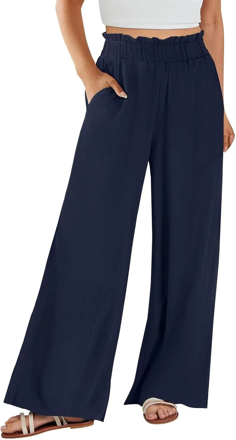 Wide Leg Dress Pants for Women Elastic Waist Loose Fit Work Pants Casual High Waisted Dressy Trousers with Pockets