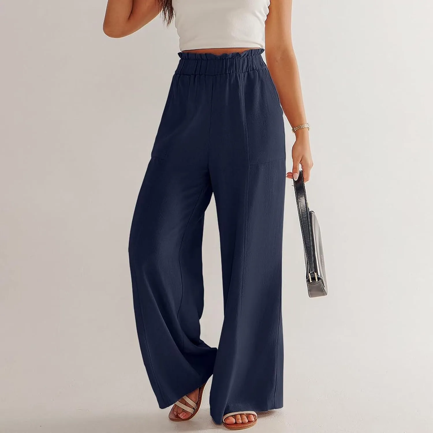 Wide Leg Dress Pants for Women Elastic Waist Loose Fit Work Pants Casual High Waisted Dressy Trousers with Pockets