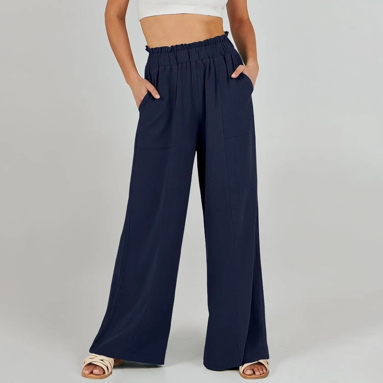Wide Leg Dress Pants for Women Elastic Waist Loose Fit Work Pants Casual High Waisted Dressy Trousers with Pockets