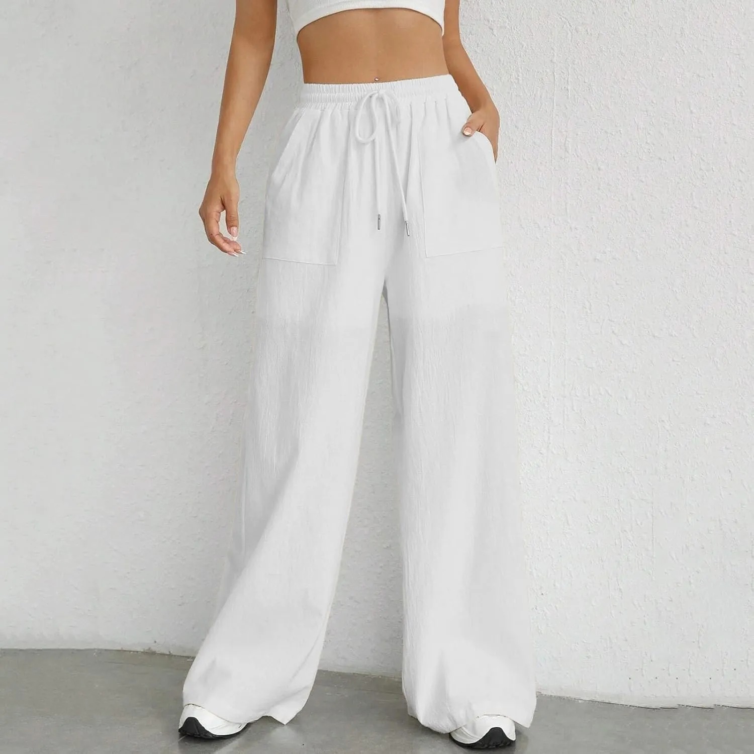 Wide Leg Linen Pants for Women Drawstring High Waist Casual Palazzo Pants Solid Color Loose Fit Trendy Trousers with Pocket