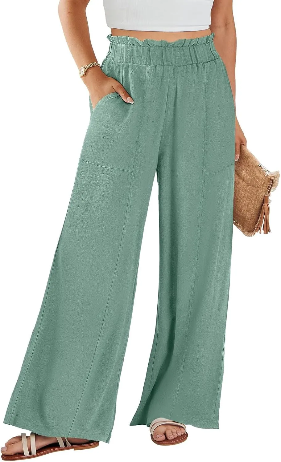Wide Leg Linen Pants for Women Elastic High Waist Palazzo Pants Summer Casual Flowy Boho Beach Trousers with Pockets