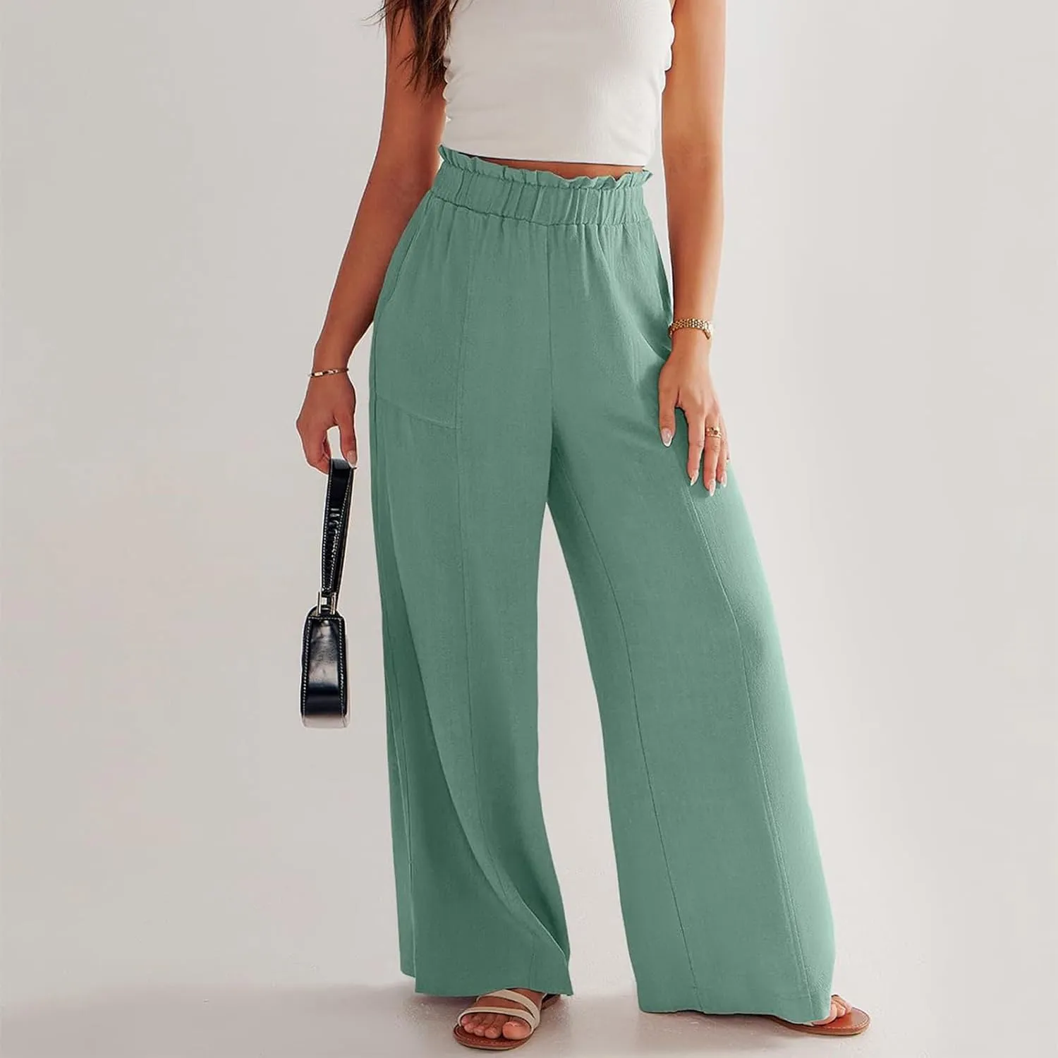 Wide Leg Linen Pants for Women Elastic High Waist Palazzo Pants Summer Casual Flowy Boho Beach Trousers with Pockets