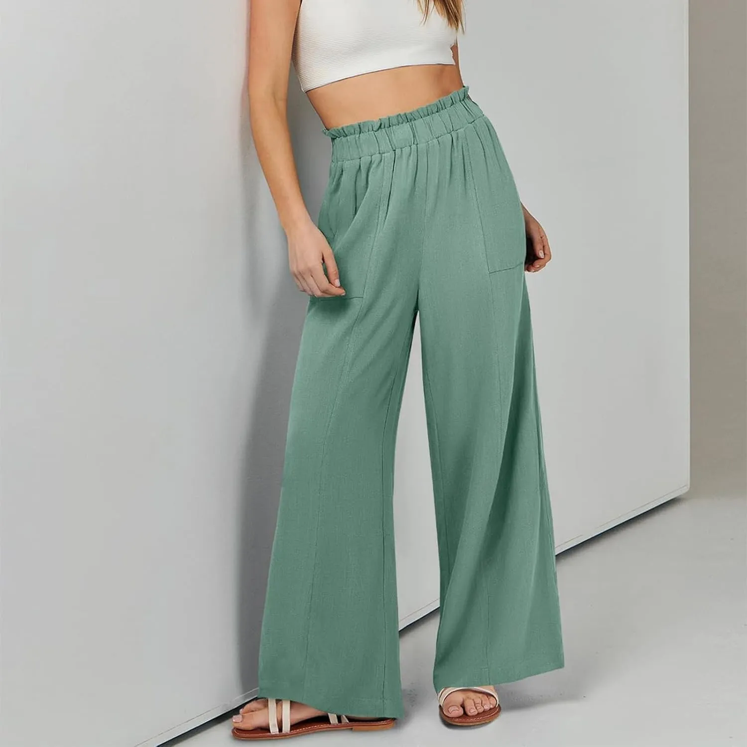 Wide Leg Linen Pants for Women Elastic High Waist Palazzo Pants Summer Casual Flowy Boho Beach Trousers with Pockets