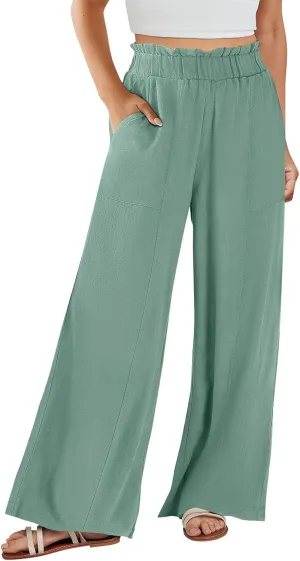 Wide Leg Linen Pants for Women Elastic High Waist Palazzo Pants Summer Casual Flowy Boho Beach Trousers with Pockets