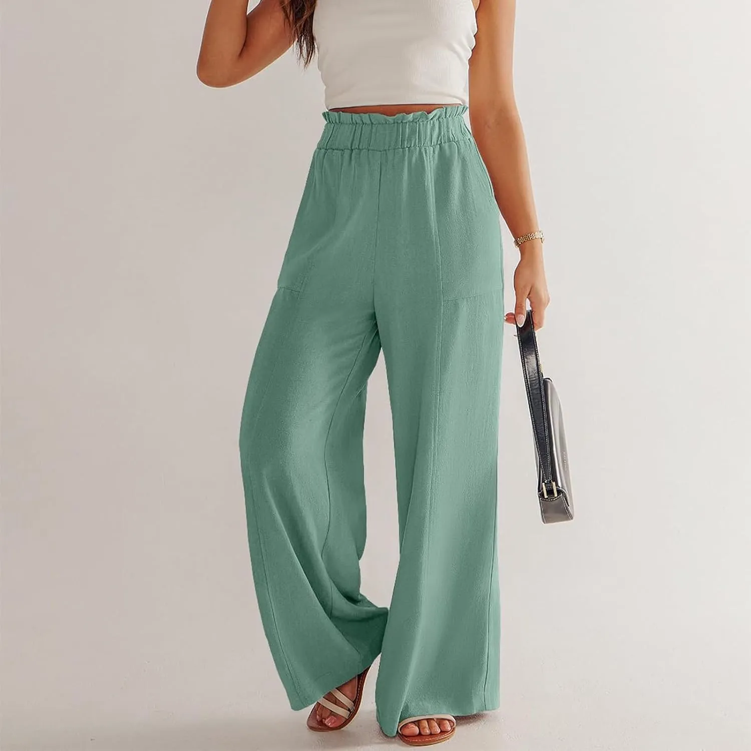 Wide Leg Linen Pants for Women Elastic High Waist Palazzo Pants Summer Casual Flowy Boho Beach Trousers with Pockets