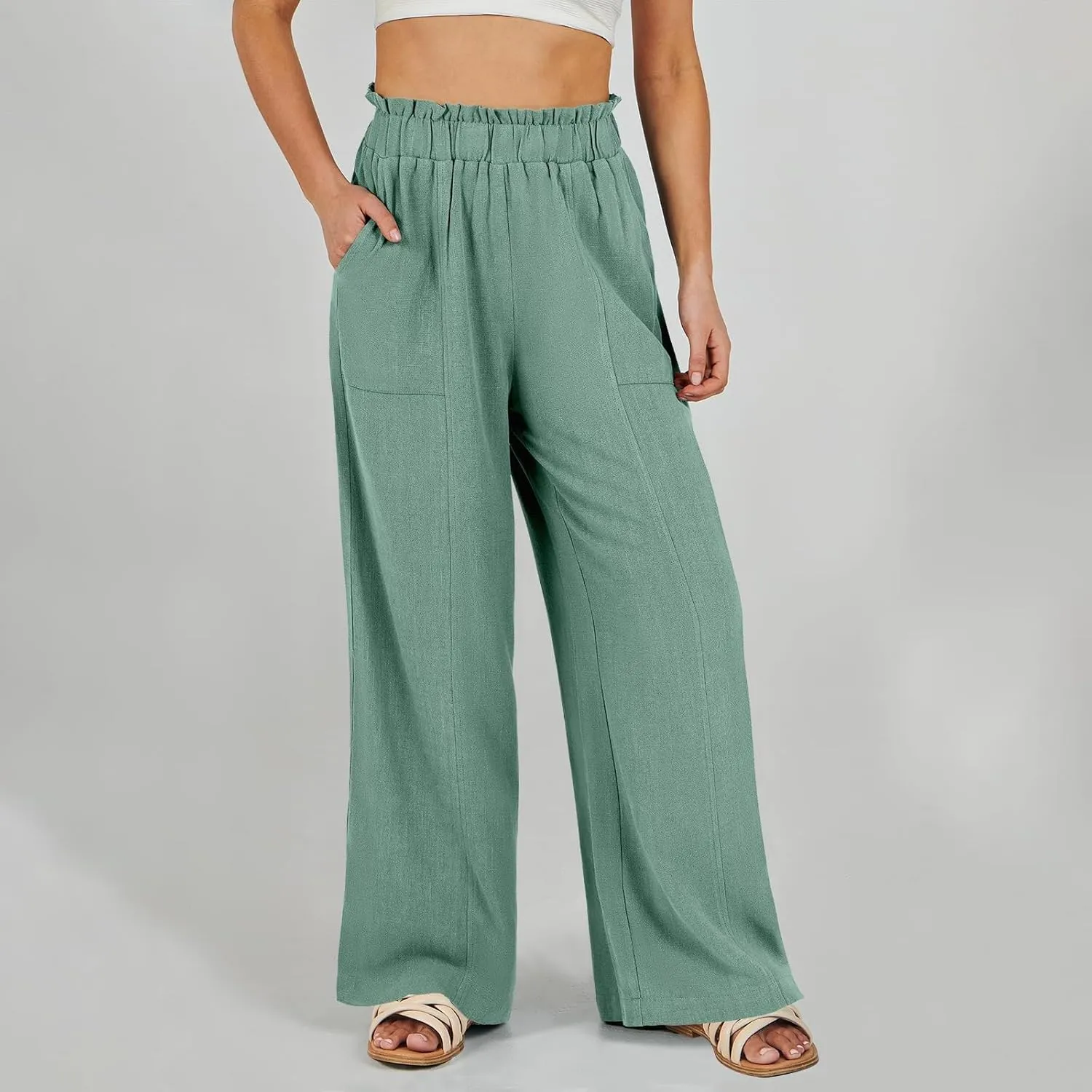 Wide Leg Linen Pants for Women Elastic High Waist Palazzo Pants Summer Casual Flowy Boho Beach Trousers with Pockets