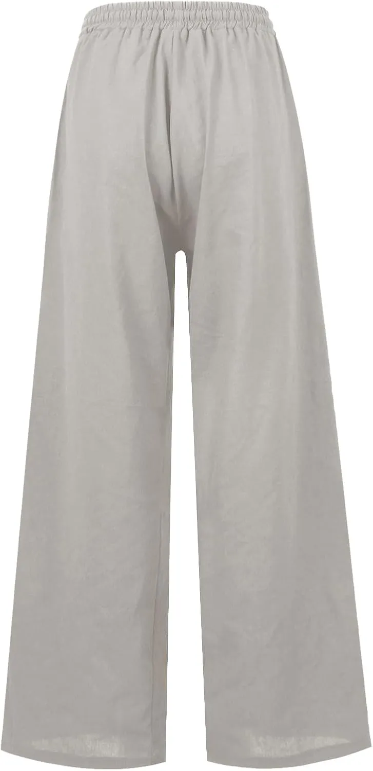 Wide Leg Linen Pants for Women Summer Casual Straight Leg Baggy Pants Lightweight High Waisted Trousers with Pockets