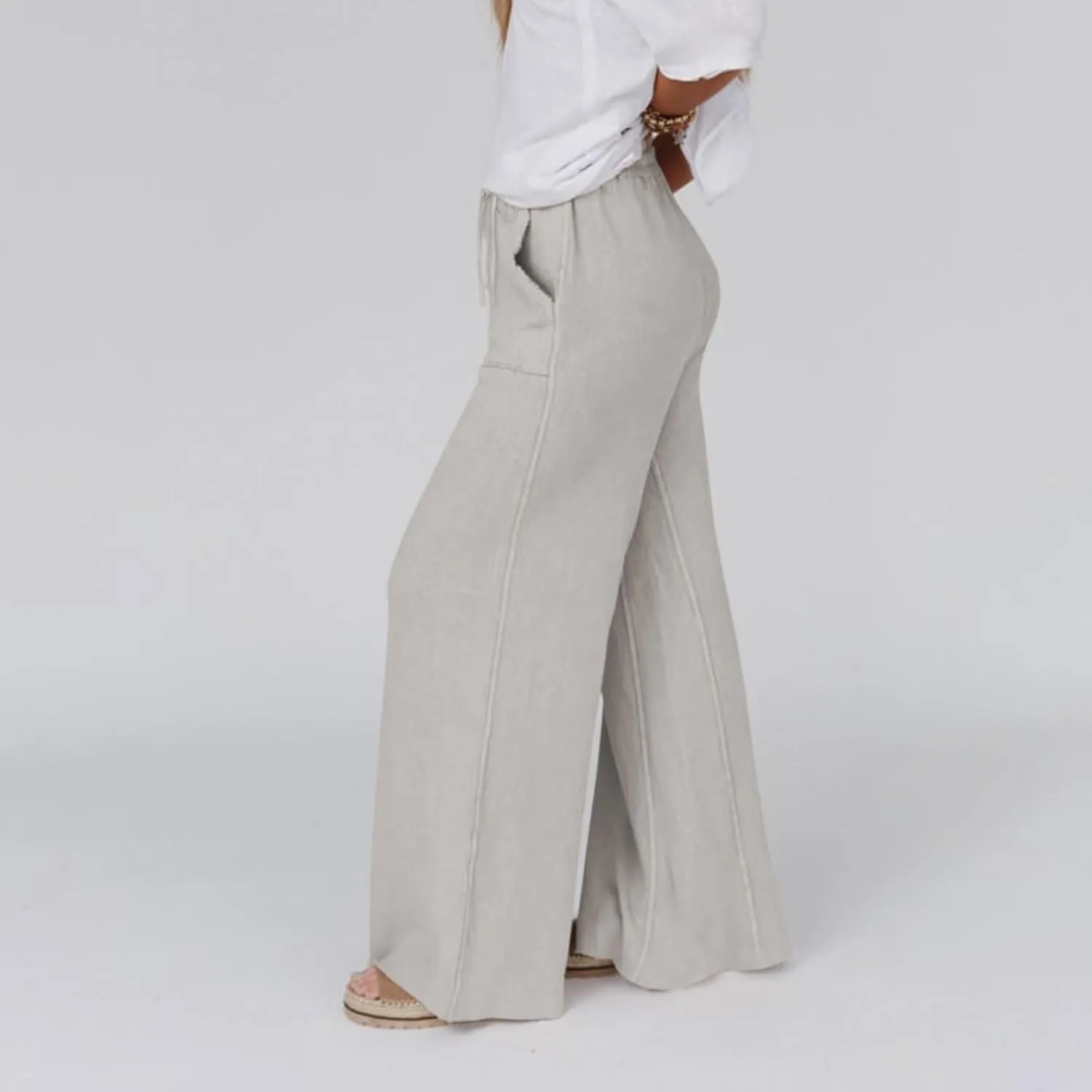 Wide Leg Linen Pants for Women Summer Casual Straight Leg Baggy Pants Lightweight High Waisted Trousers with Pockets