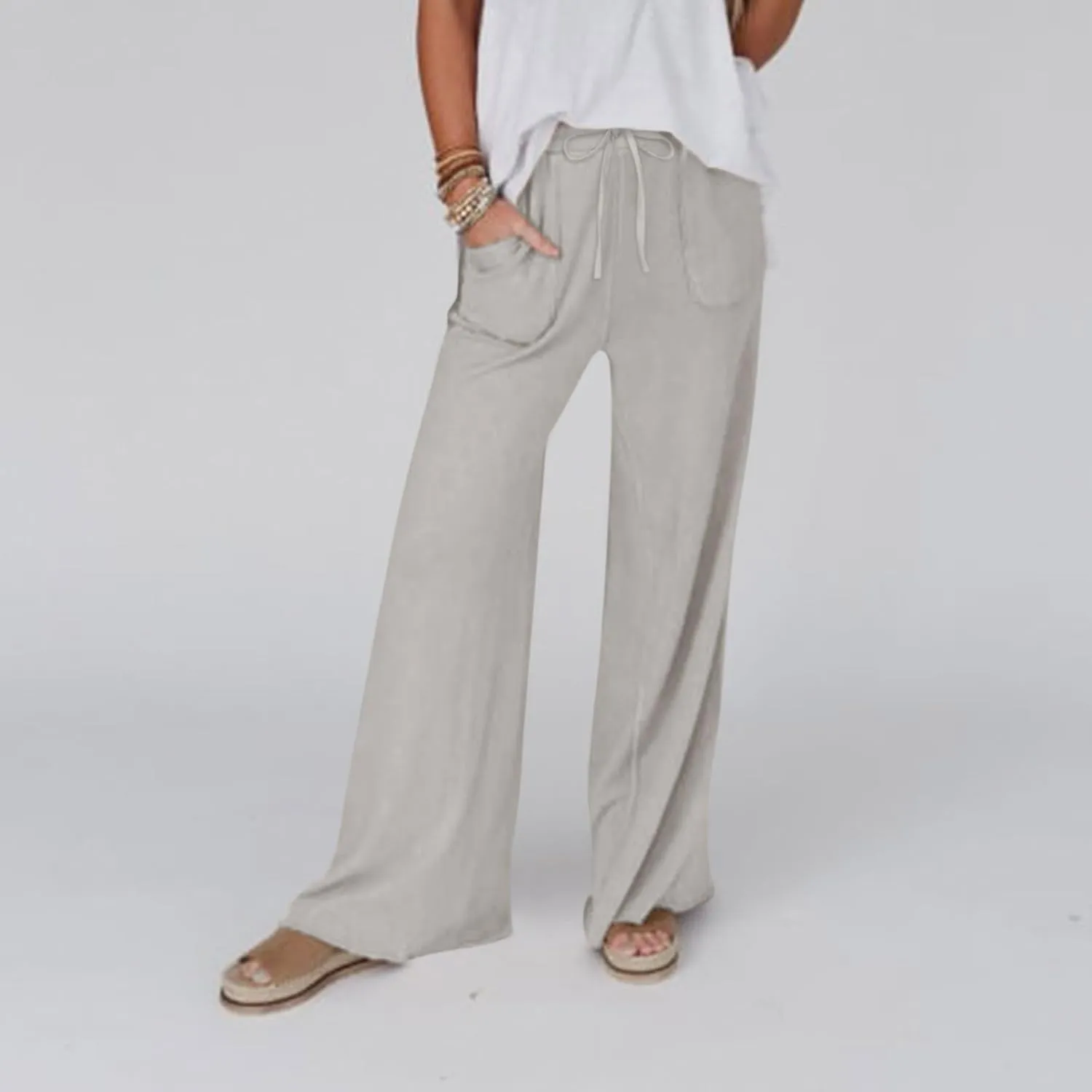 Wide Leg Linen Pants for Women Summer Casual Straight Leg Baggy Pants Lightweight High Waisted Trousers with Pockets