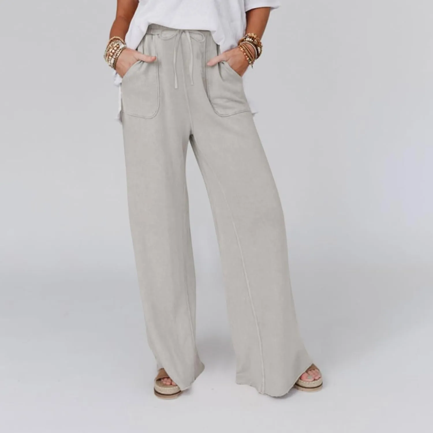 Wide Leg Linen Pants for Women Summer Casual Straight Leg Baggy Pants Lightweight High Waisted Trousers with Pockets