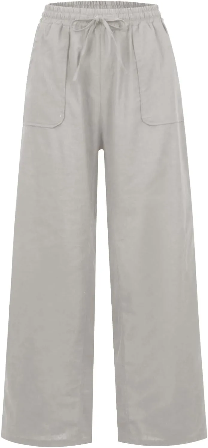 Wide Leg Linen Pants for Women Summer Casual Straight Leg Baggy Pants Lightweight High Waisted Trousers with Pockets