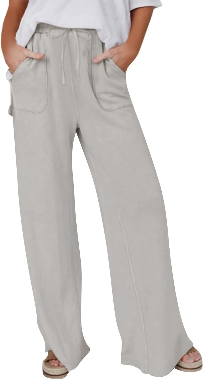 Wide Leg Linen Pants for Women Summer Casual Straight Leg Baggy Pants Lightweight High Waisted Trousers with Pockets