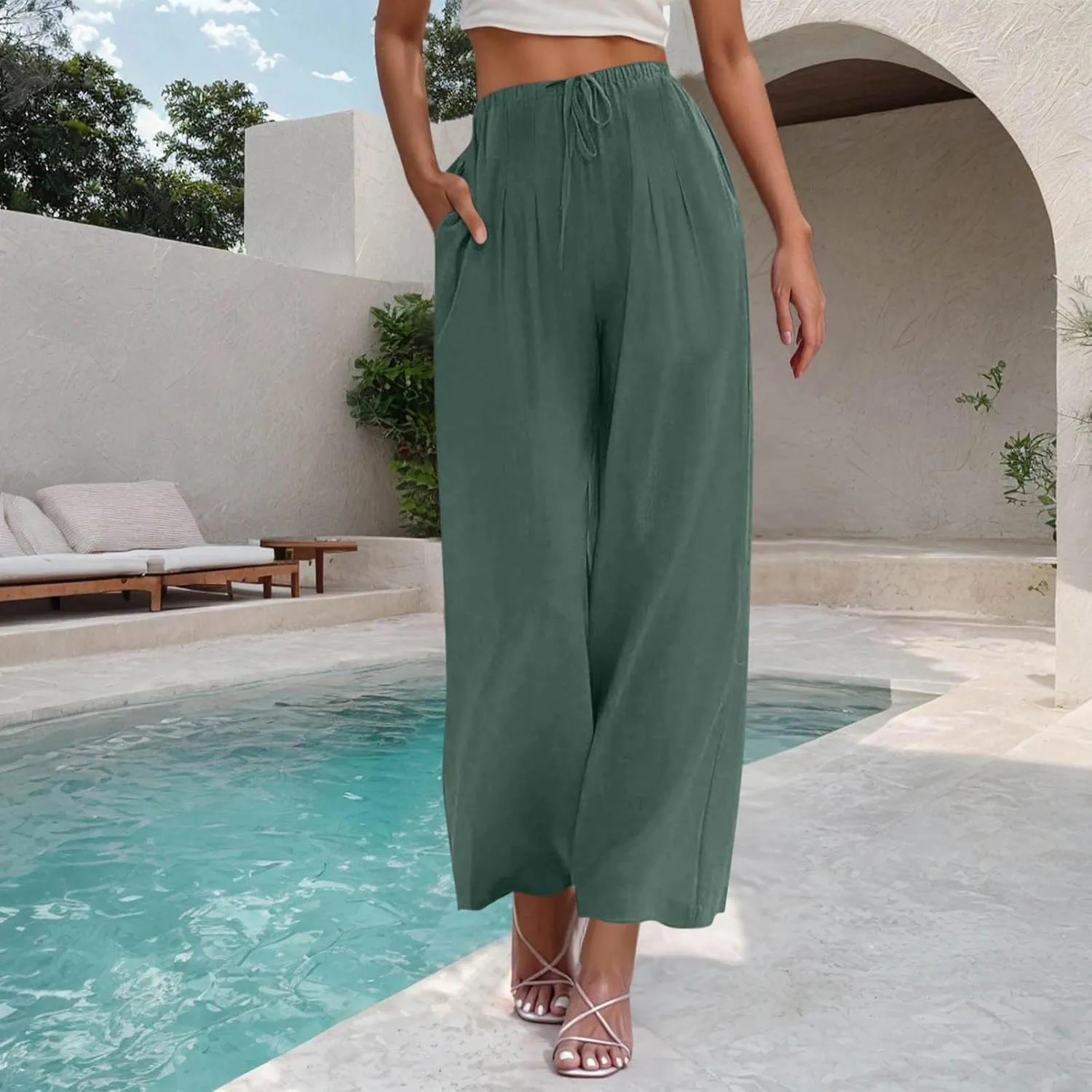 Wide Leg Pants for Woman Palazzo Trousers High Waisted Drawstring Summer Casual Business Work Beach Vacation Pants