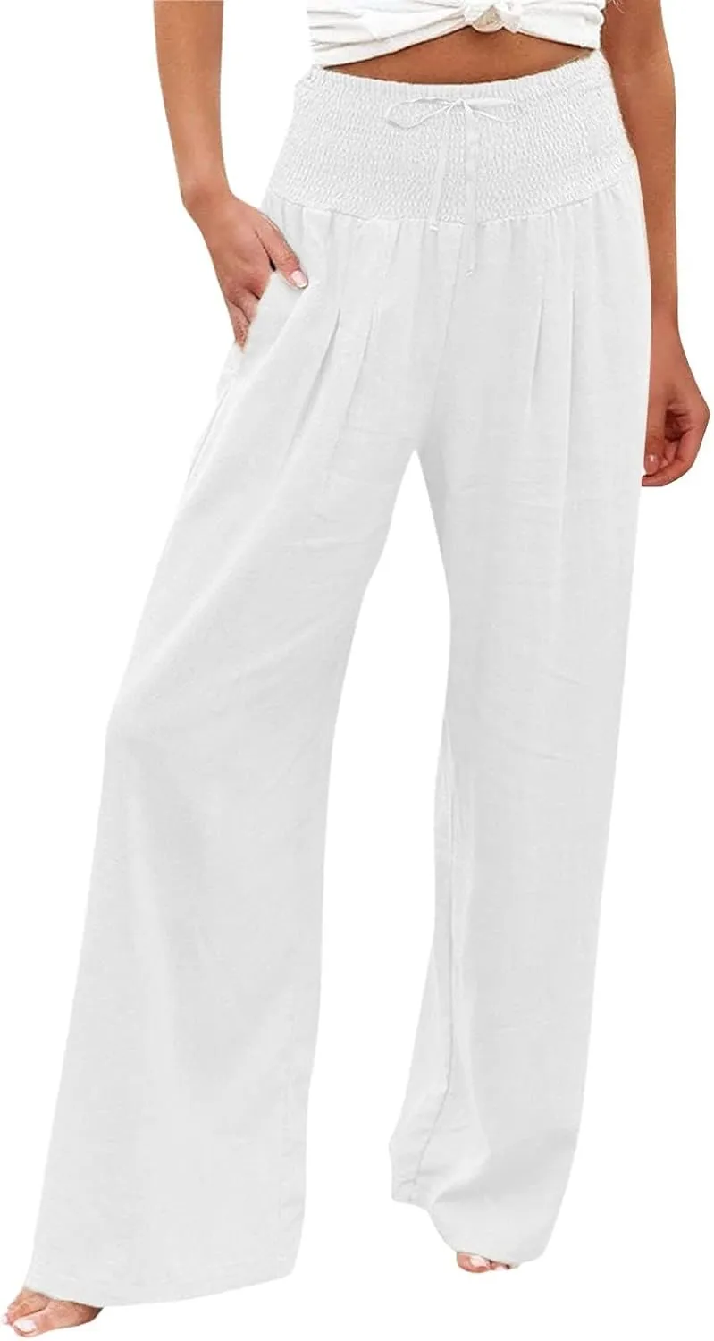 Wide Leg Pants for Women Summer High Waist Cotton Linen Pants Casual Fashion Beach Pant Solid Color Loose Trousers