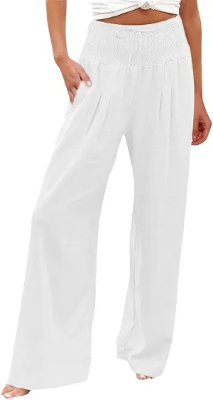 Wide Leg Pants for Women Summer High Waist Cotton Linen Pants Casual Fashion Beach Pant Solid Color Loose Trousers