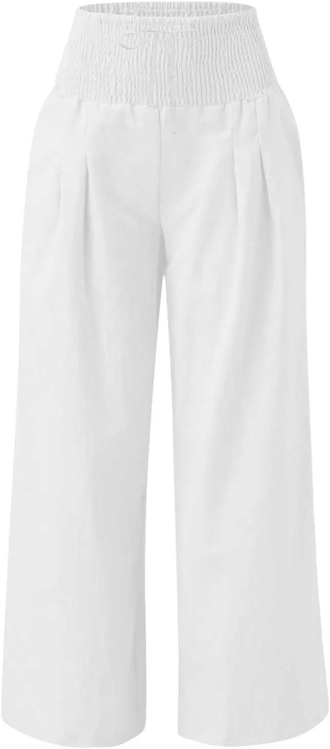 Wide Leg Pants for Women Summer High Waist Cotton Linen Pants Casual Fashion Beach Pant Solid Color Loose Trousers