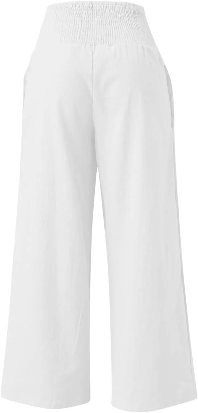 Wide Leg Pants for Women Summer High Waist Cotton Linen Pants Casual Fashion Beach Pant Solid Color Loose Trousers